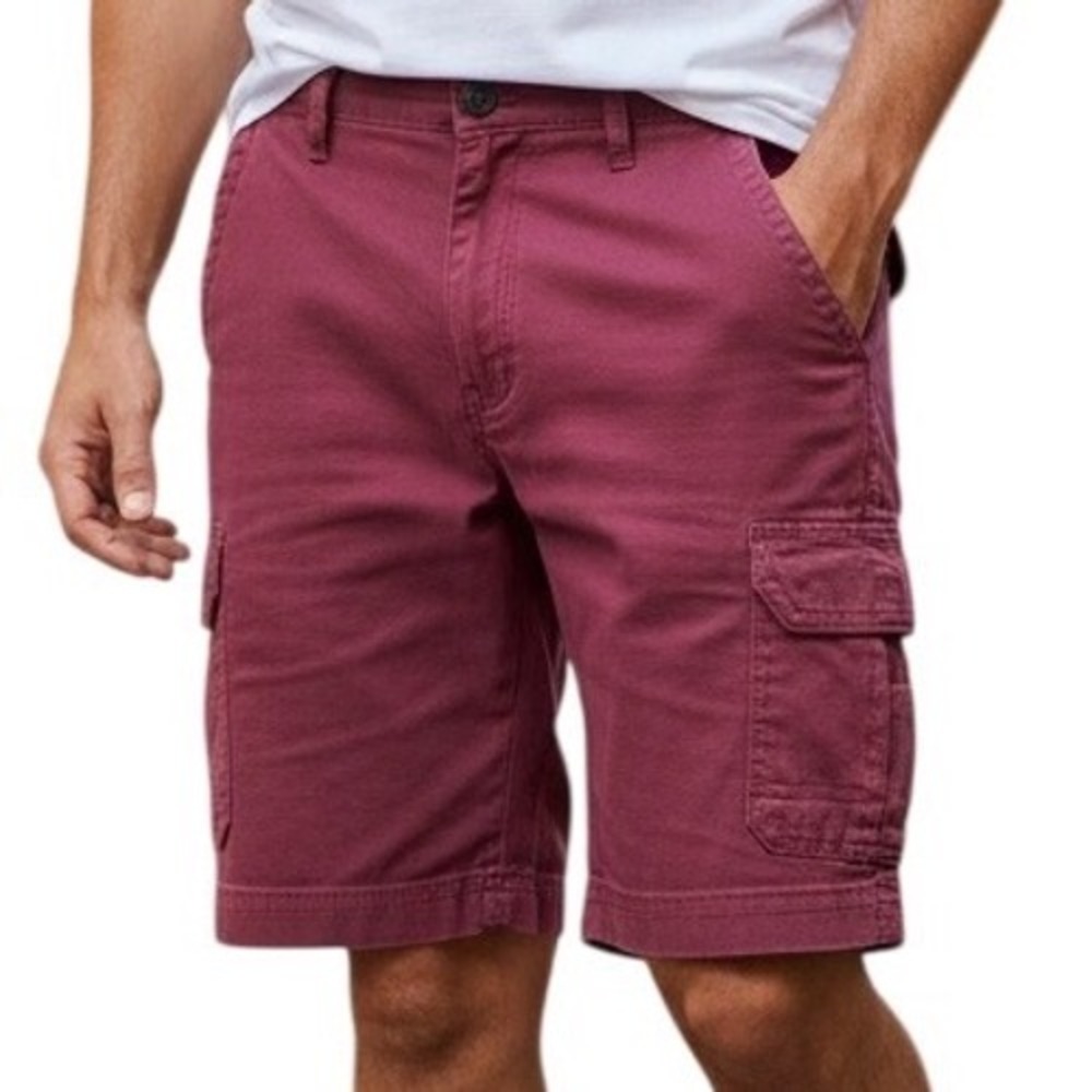 CHAPS Mens Cargo Shorts Burgundy Stretch Waist 32 Inseam 10 Flat Front Pockets